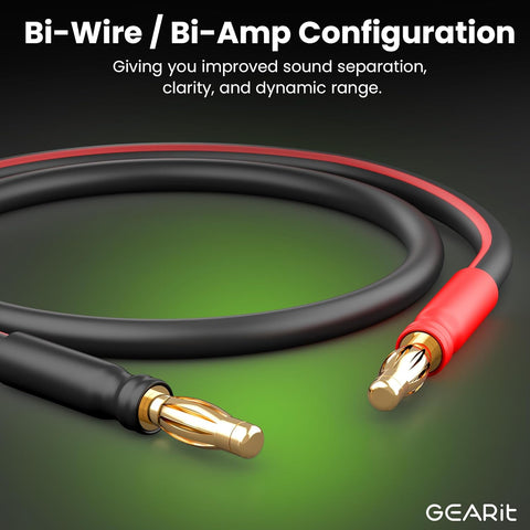 GearIT 14 AWG Speaker Cable With Banana Plugs (2 Pack, 9.9 Feet - 3 Meter) for Bi-Wire Bi-Amp HiFi Surround Sound - 99.9% OFC Copper, Gold Plated Tips - Black, 10 Ft