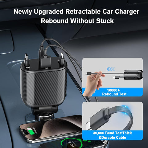 Retractable 62W Car Charger Adapter Dark Gray – 4-in-1 USB-C & USB Fast Charger