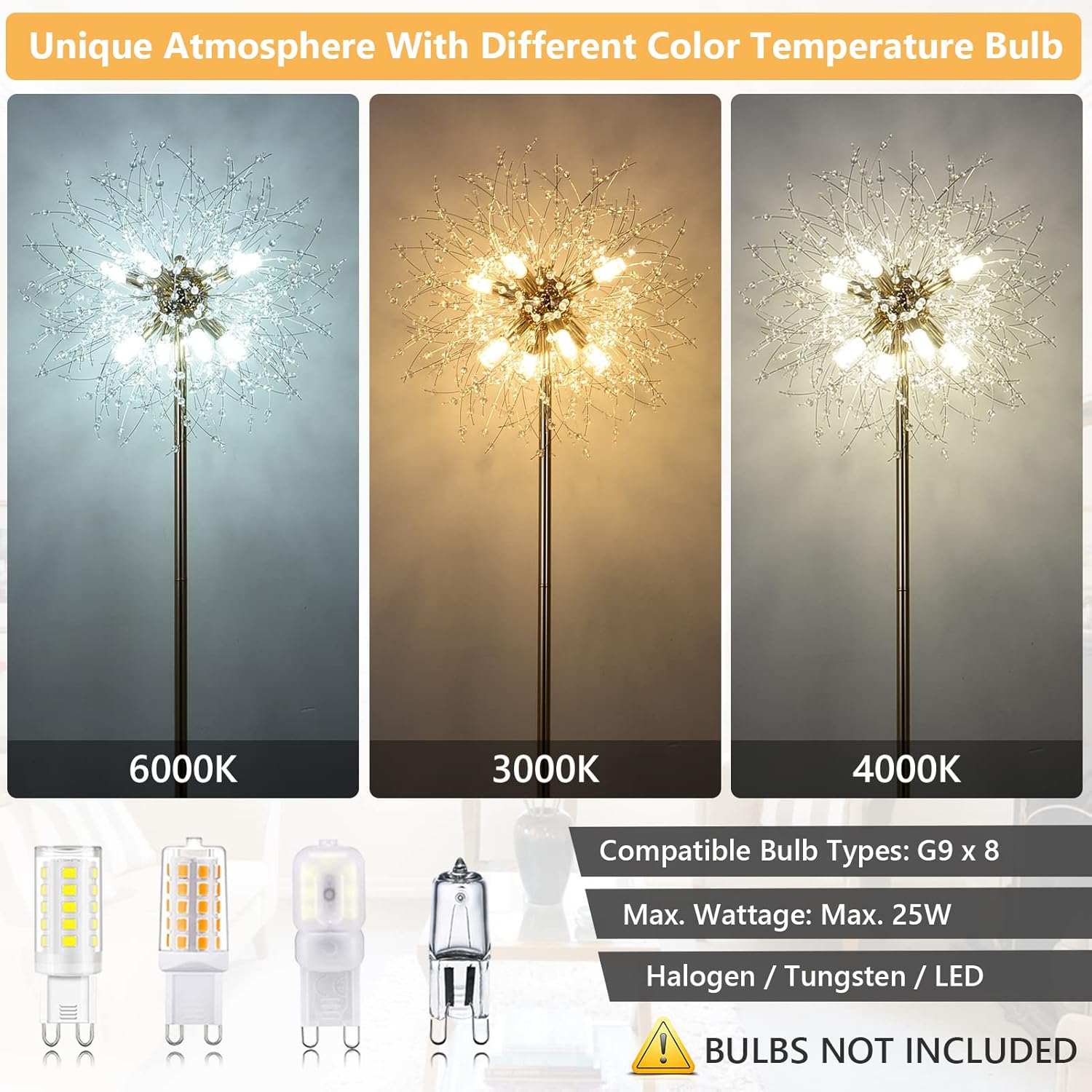 Three views of a decorative floor lamp with different color temperature effects, shown with compatible bulb types.
