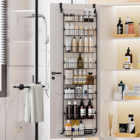 Delamu 8-Tier Over Door Storage Organiser, Adjustable Metal Pantry Shelves, Hanging Spice Rack for Kitchen, Bathroom & Laundry, White