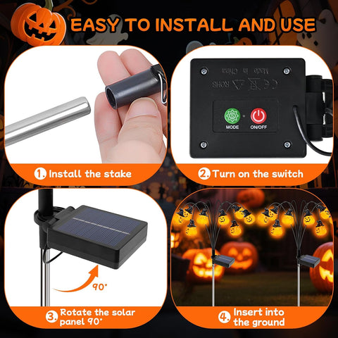 Qoosea Halloween Solar Lights Outdoor 2 Pack Pumpkin Lights, IP65 Waterproof 8 Modes Halloween Garden Ornaments, LED Solar Garden Lamp Festival Decor, Perfect for Pathway Yard Patio Backyard Cemetery