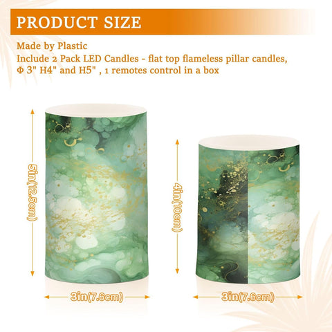 Green Marble Flameless LED Candles Set of 2, Battery Operated Decorative Candles with Remote & Timer