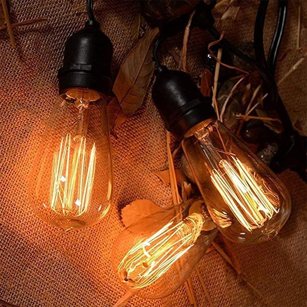 String of vintage-style light bulbs on a textured surface with leaves.