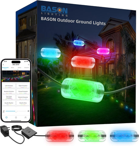 BASON LIGHTING Smart Outdoor In-Ground Lights, IP65 24V Voltage Pathway Lights, 20 Pack, App Control Walkway Lights for Garden Lawn with 48 Scene Modes with Music Sync