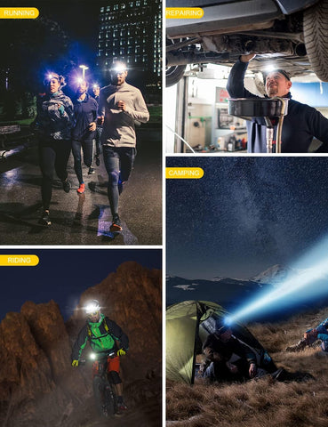 Collage of people using headlamps in various settings including outdoors, under a vehicle, and camping.