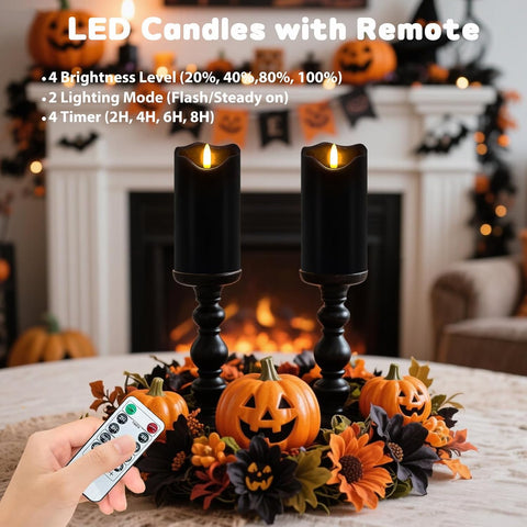 Black Flameless Pillar Candles Set of 2, 6×3 Inch Real Wax LED Candles with Remote, Timer & Dimmable Flickering Light