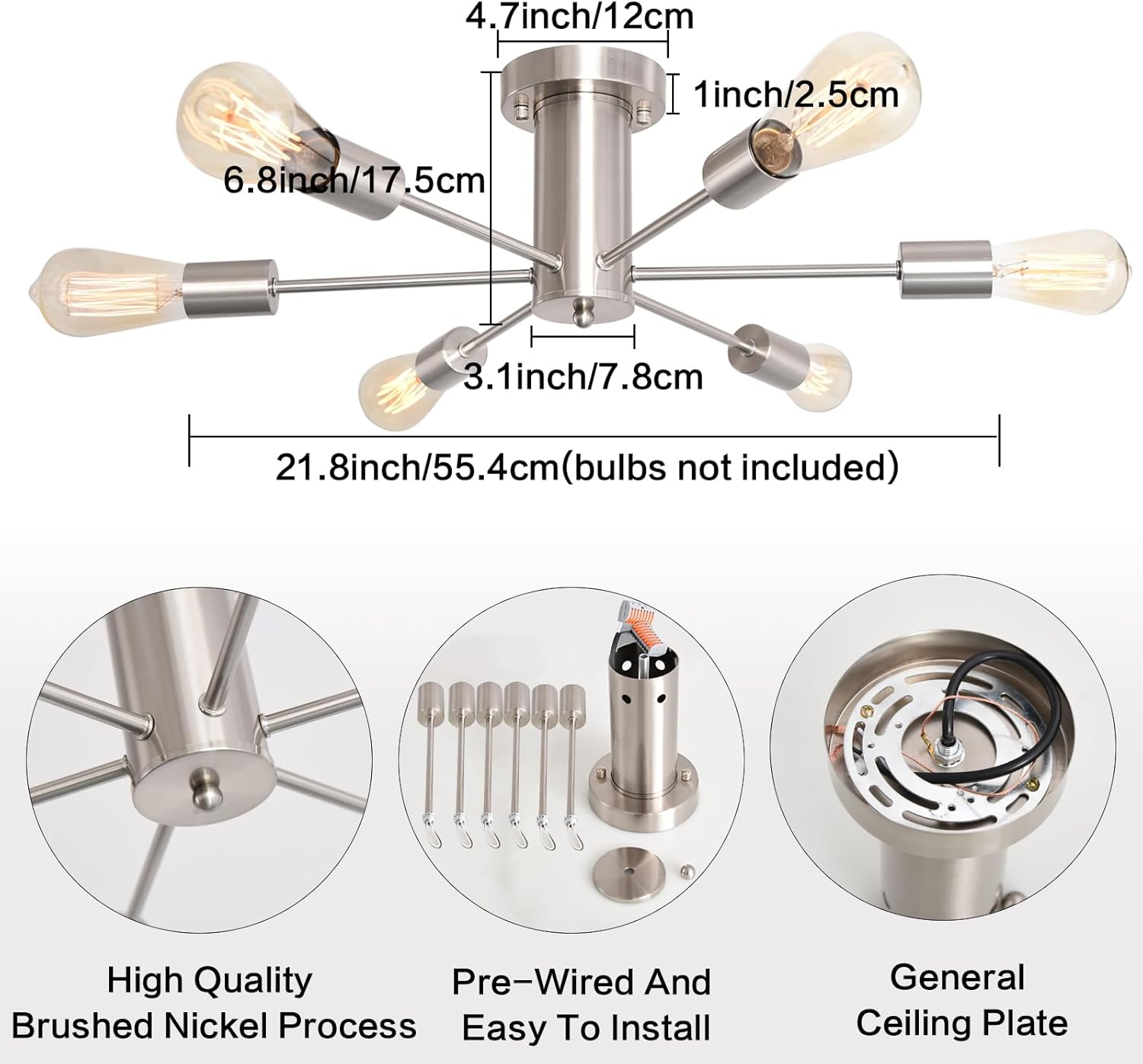 Ceiling light fixture with measurements and installation details on a white background