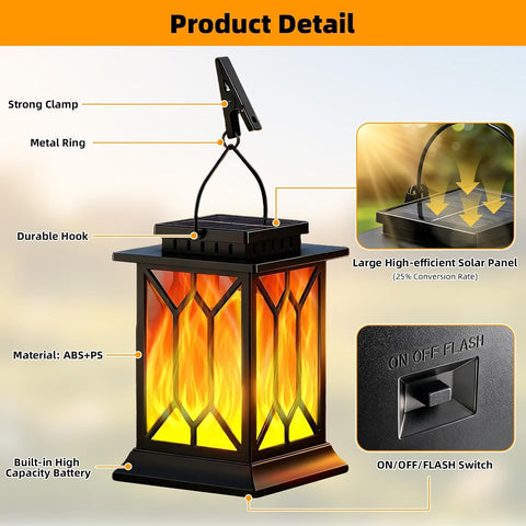 Solar Lanterns Outdoor Garden, 2 Pack Hanging Solar Garden Lanterns with Realistic Flickering Flame, IP65 Waterproof Decorative Solar Garden Ornaments for Yard , Pathway, Patio | 2 Lighting Modes