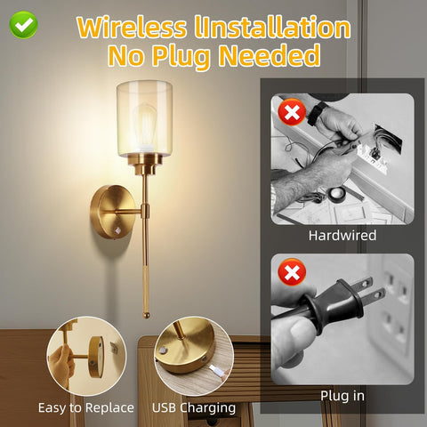 Battery Operated Wall Sconce Set of 2 Gold - Wireless Rechargeable LED