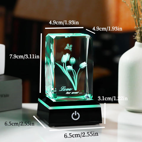 3D Crystal Tulip with Butterfly Keepsake and LED Light Base, Romantic Floral Gift for Her