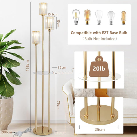 Gold floor lamp with measurements and bulb compatibility information in a room setting.