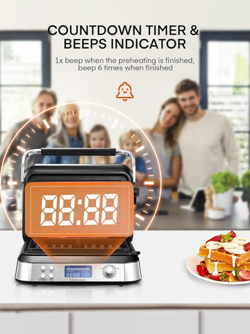 Smart Waffle Maker 1600W – Digital Display, 7 Browning Levels, 5 Presets, Non-Stick, Family Size, Timer & Alerts – Silver