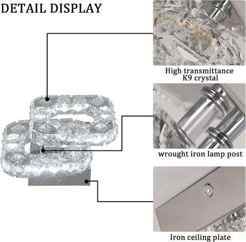 Crystal LED Ceiling Light Fixture, Square Flush Mount 3-Color Chandelier for Bedroom, Kitchen, Hallway