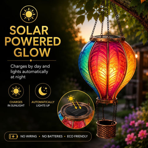 Festive Lights 45cm Solar Hot Air Balloon Lantern – Rainbow Multicolour Flame Effect Hanging Garden Light for Patio, Balcony & Outdoor Décor