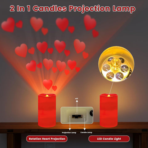 Flameless LED Candle Lights with Romantic Heart Projection, Remote Control & Timer for Valentine’s Day Décor and Special Occasions