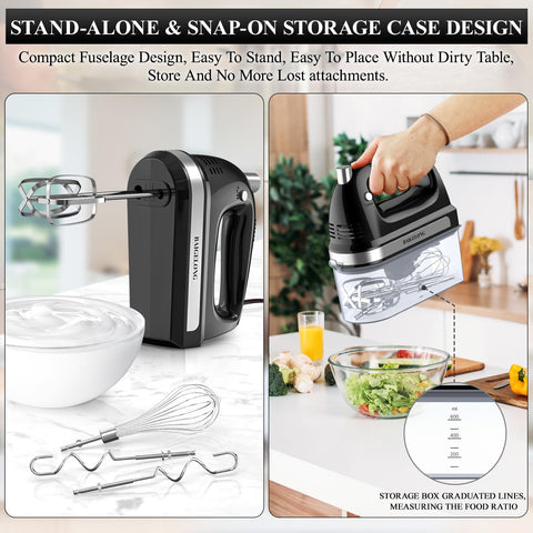 Hand Electric Mixer 300W – 5 Speeds + Turbo Boost, 5 Stainless Steel Attachments, Handheld Blender for Baking – Black