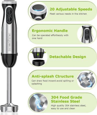Hand Blender 2-in-1 Stick Blender with Whisk | 1000W Powerful Handheld Blender, 20-Speed + Turbo, Stainless Steel for Smoothies & Soups HB3204