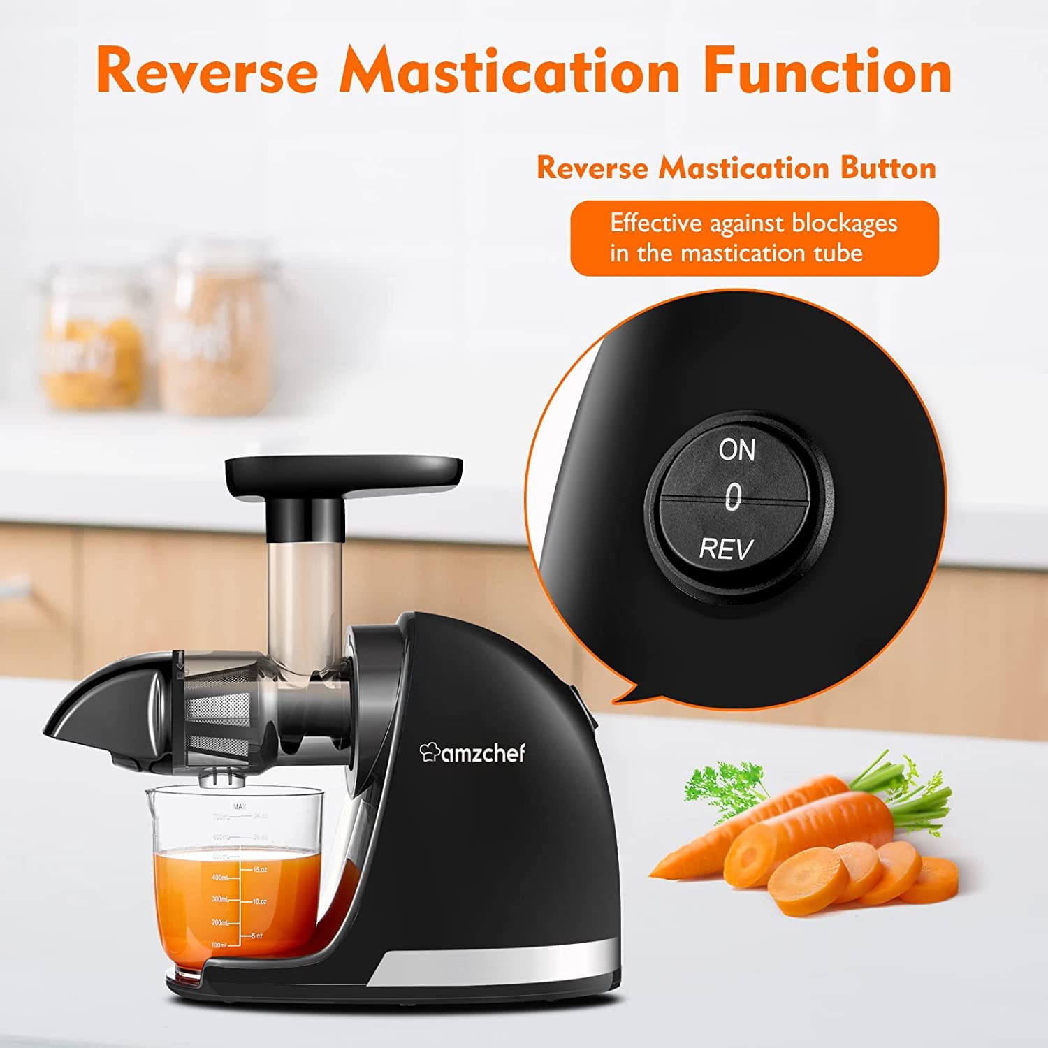 AMZCHEF Juicer Machines - Cold Press Slow Juicer - Masticating Juicer for Whole Fruits and Vegetables - Delicate Chew No Need to Filter - BPA Free Juice Extractor with 2 Cups and Brush - Black