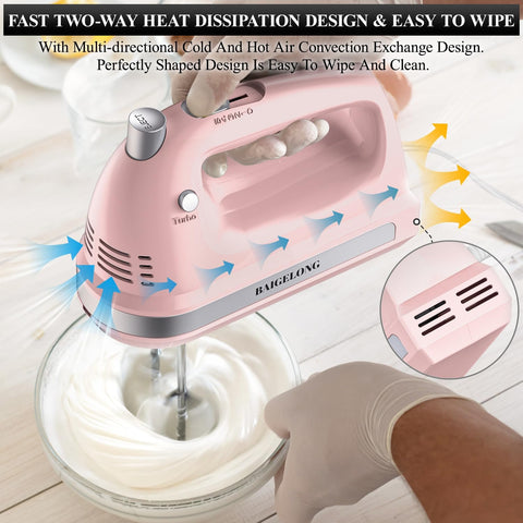300W Hand Electric Mixer – 5 Speeds + Turbo, 5 Stainless Steel Attachments, Pink, Ultra Power Kitchen Baking Blender