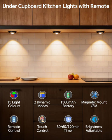 RGB Puck Lights with Remote, Rechargeable Under Cabinet Lighting – 6 Pack Wireless LED Stick-On Lights for Kitchen Cupboards, Wardrobes & Shelves - Put the Light Exactly Where Your Home Needs It