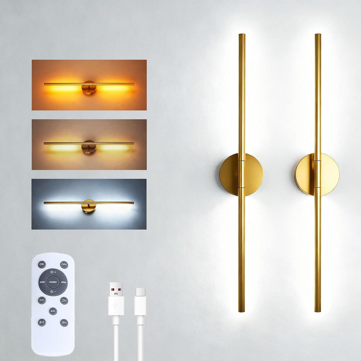 Battery Operated Wall Sconces, 2 Pack 8000mAh Rechargeable Wall Lights, 3000K-6000K Dimmable Wireless Wall Light with Remote Control, 70CM Gold Wall Lamp for Living Room Bedroom Hallway
