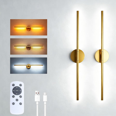 Battery Operated Wall Sconces, 2 Pack 8000mAh Rechargeable Wall Lights, 3000K-6000K Dimmable Wireless Wall Light with Remote Control, 70CM Gold Wall Lamp for Living Room Bedroom Hallway