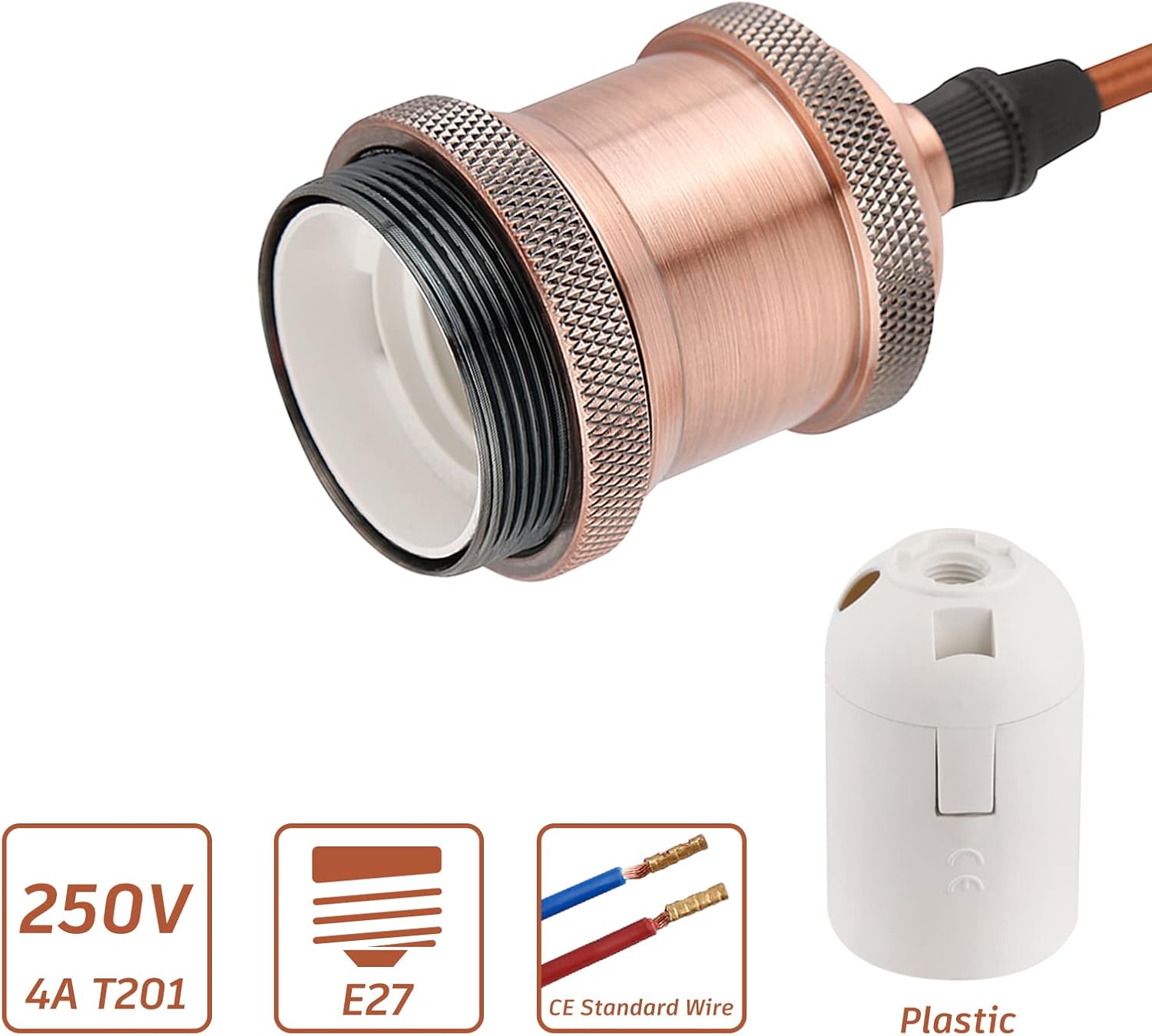 Copper light bulb socket with additional components on a white background