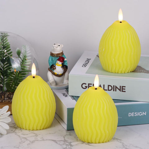 Easter Flameless LED Candles Set of 3, Egg-Shaped Real Wax Flickering Candles with 3D Wick & 5-Hour Timer, Battery Operated Dinner Table Decor (Yellow, 2.4″ x 5″)