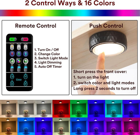 Onumii Battery Operated LED Under Cabinet Lights 6 Pack – RGB Puck Lights with Remote, Dimmable & Timer for Kitchen Cupboards, Wardrobes & Dark Corners - Light Up the Spaces You Usually Overlook