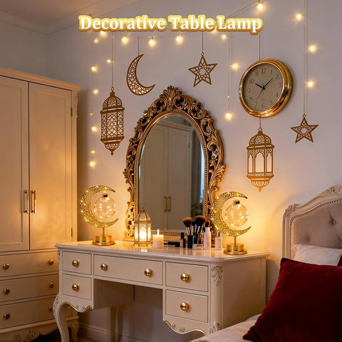Ramadan Crescent Moon Table Lamp – Battery Operated Metal Half Moon LED Night Light with Star Design, Eid Bedside Decoration for Home & Bedroom