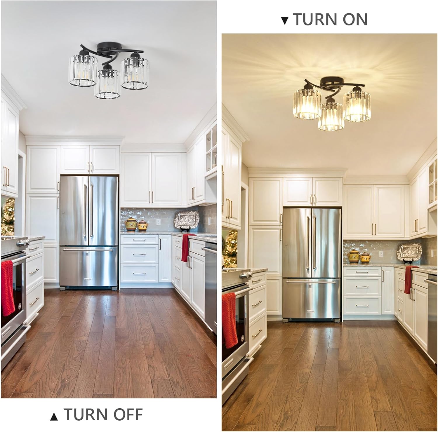 Side-by-side comparison of a kitchen with lights turned on and off, showing a difference in illumination.