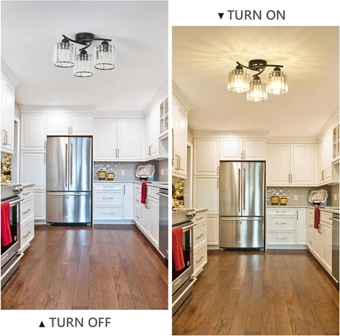 Side-by-side comparison of a kitchen with lights turned on and off, showing a difference in illumination.