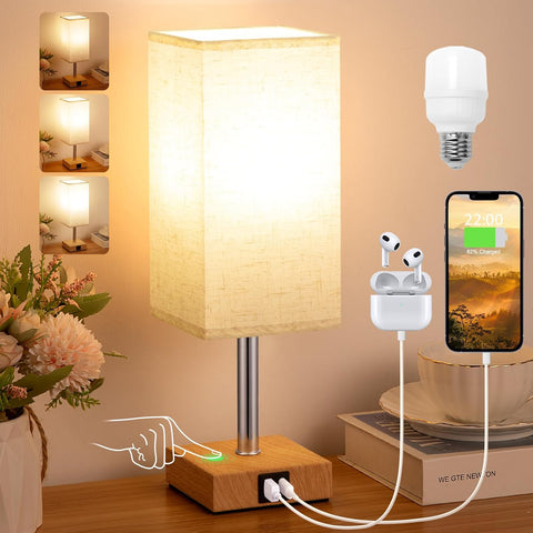 Aooshine Touch Bedside Lamp with 3-Way Dimmable LED Bulb & USB A+C Charging Ports – Minimalist Table Lamp for Bedroom, Living Room, Kids Room & Study