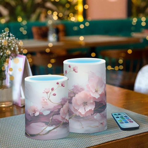 Pink Flower Marble Flameless LED Candles Set of 2, Battery Operated Decorative Candles with Remote & Timer
