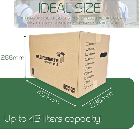 W.E. Roberts Strong Large Cardboard Moving House Boxes 45.7cm x 30.5cm x 25.4cm with Carry Handles and Room List Manufactured in the UK from FSC acredited materials. (15)