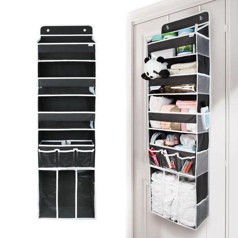 EZVERY Over the Door Baby Nappy Organiser, Beige Hanging Nursery Storage with 3 Bins, Removable Nappy Caddy and 10 Mesh Side Pockets
