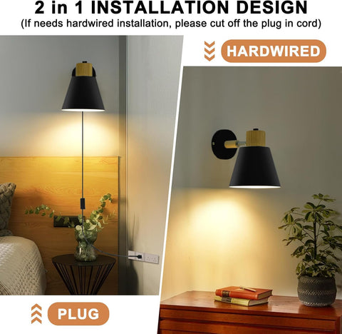 Two wall-mounted lamps with 'Plug' and 'Hardwired' options in a bedroom setting.