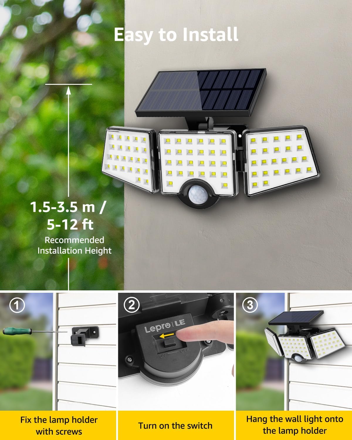 Solar wall light with installation instructions on a white background