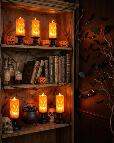 Halloween Ghost Pumpkin Led Candle Light, Halloween LED Candle Decoration 6Pack Battery Powered Halloween Table Decoration Indoor,LED Pumpkin for Window ,Flameless Pumpkin Candles for Halloween Party