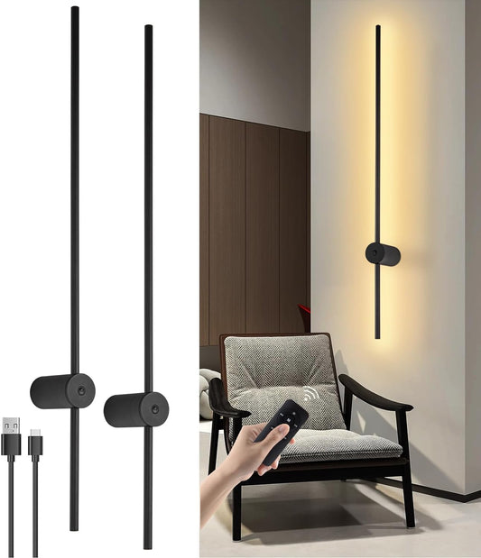 Battery Operated Wall Lights Indoor, USB Rechargeable Wall Light with Remote Control, Dimmable Wireless LED Wall Lamp Black 100CM, 360° Rotation Modern Wall Sconces for Living Room, Bedroom, 2 Pack