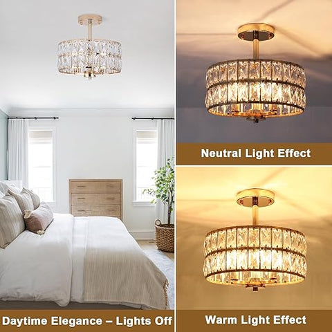 Semi Flush Mount Crystal Ceiling Light - 3 Light Brushed Gold Chandelier