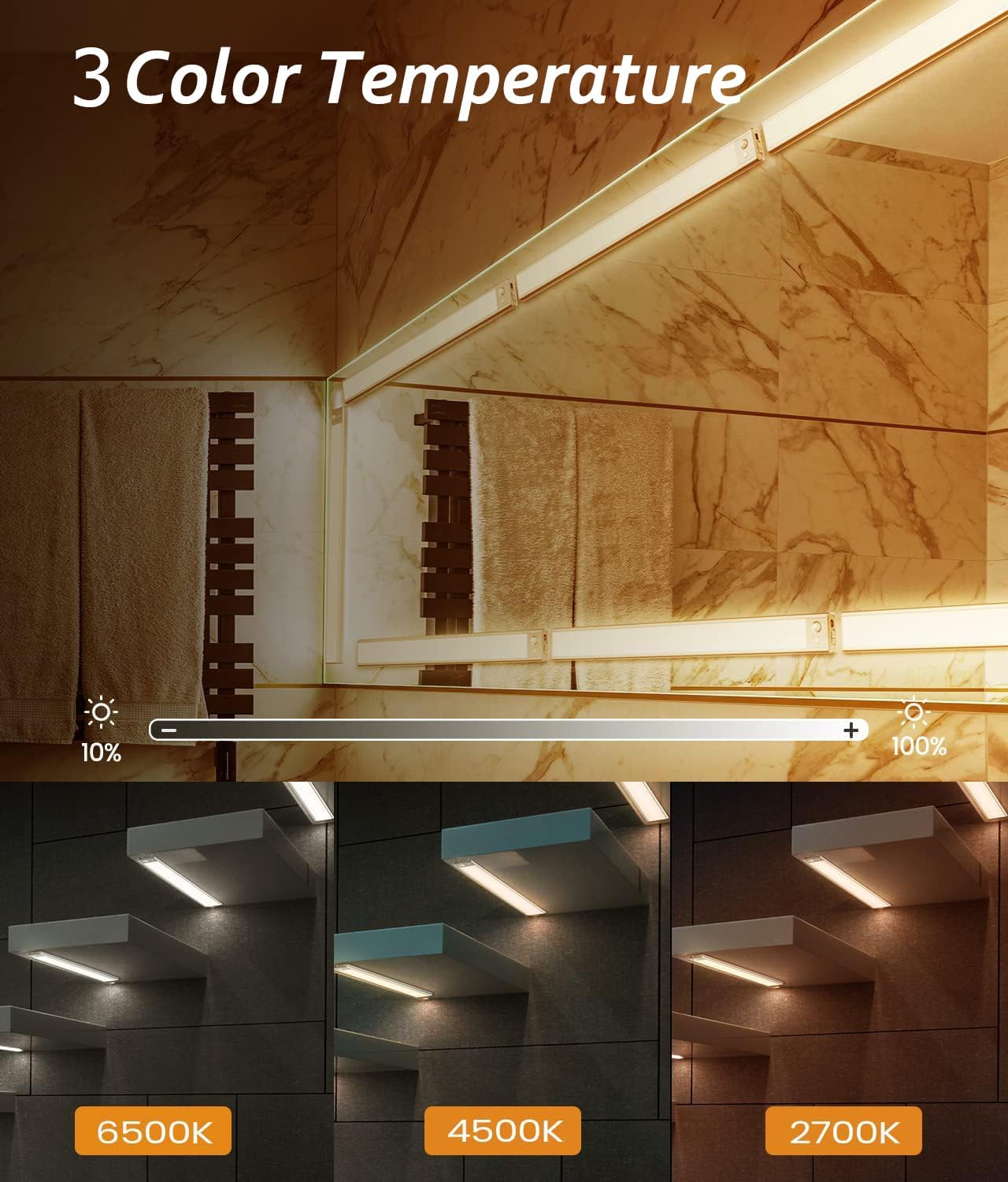 Lighting fixture with 3 color temperature options displayed on a marble wall.