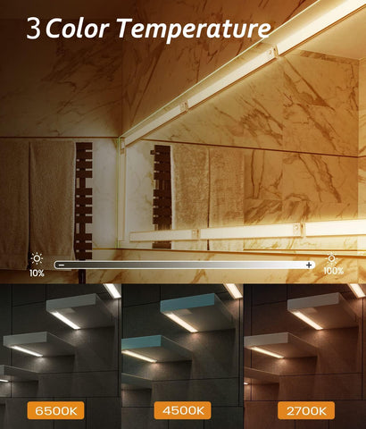 Lighting fixture with 3 color temperature options displayed on a marble wall.