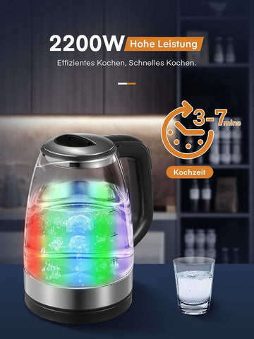 Electric Kettle 1.7L Glass, 2200W Fast Boil, 5-Color LED, Keep Warm, Auto Shut-Off, Temperature Control, Quiet Boiling –