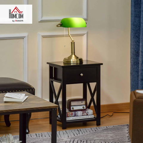 HOMCOM Green Glass Banker’s Table Lamp with Brass Tone Finish – E27 Desk Light for Home Office & Study