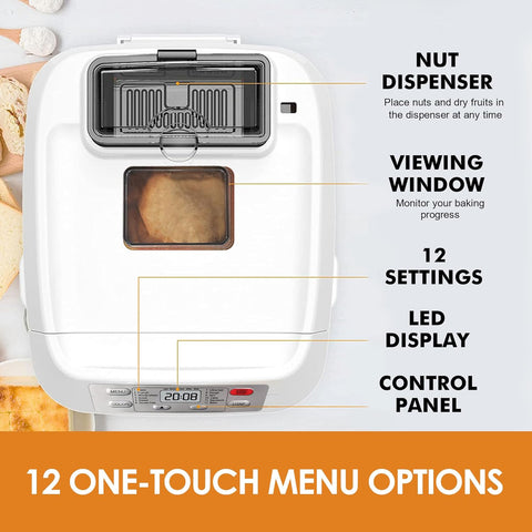 12-in-1 Bread Maker with Gluten-Free Setting & Auto Nut Dispenser – Nonstick Pan, 2 Loaf Sizes, 13H Delay Timer – White