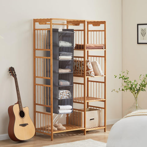 YOUDENOVA Hanging Wardrobe Organiser, 6 Shelves with Side Pockets, Grey – Make Every Shelf Count