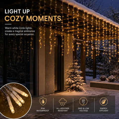 200 LED Warm White Icicle Fairy Lights – Plug In Christmas Lights with 8 Modes & 6-Hour Timer for Windows, Roofs, Fences & Gardens - Bring a Cosy Christmas Glow to Every Evening