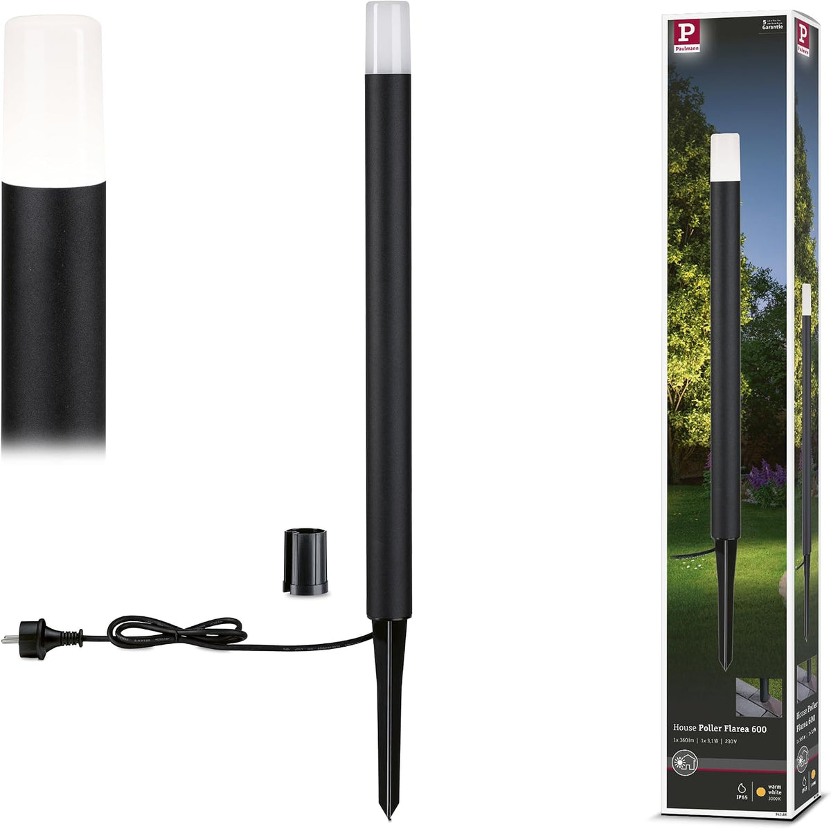 Paulmann 94386 LED Exterior luminaire Bollard Light Flarea IP65 Warm White 600mm incl. 1x3.1 watt Outdoor Lighting Black Outdoor lamp Aluminium Garden lamp 3000 K