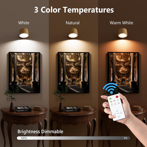 Battery Operated Wood Grain Wall Lights Wood Grain, Rechargeable Wall Lights Indoor, 3500mAh Magnetic Wall Lamp with Remote, 3 Color Temperatures & 13 RGB & Dimmable 360° Free Rotation Wall Sconces